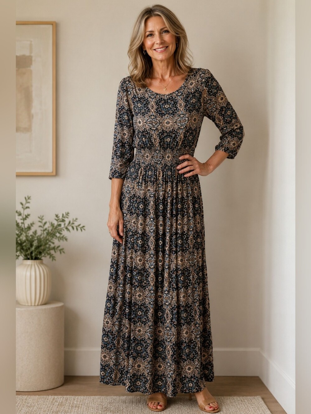 Monica peysley floral long maxi dress elastic drop waist 3/4 sleeve Boho 8/M